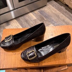 Enzo Angiolini Black Croc-Embossed Heels with Gold Buckle